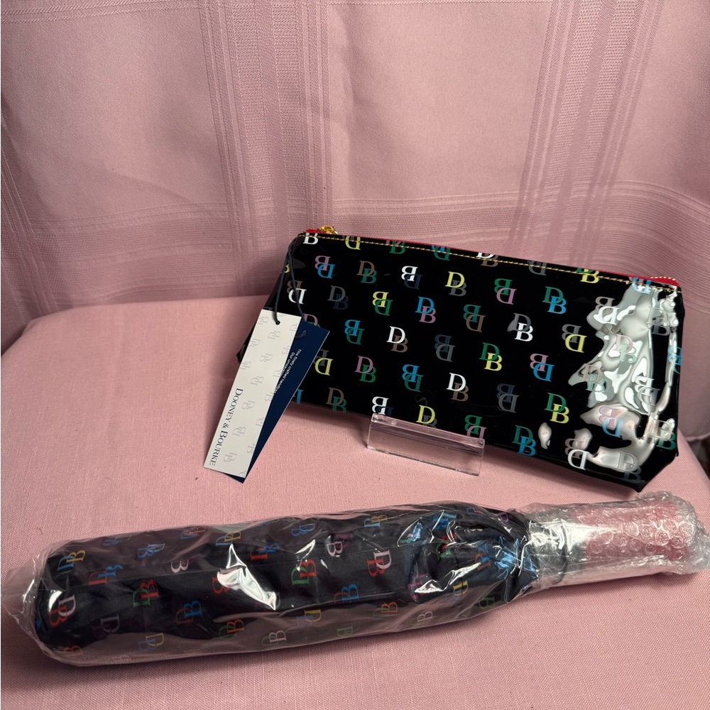 NWT LOW START Dooney and Bourke Black Pouch and Umbrella Set